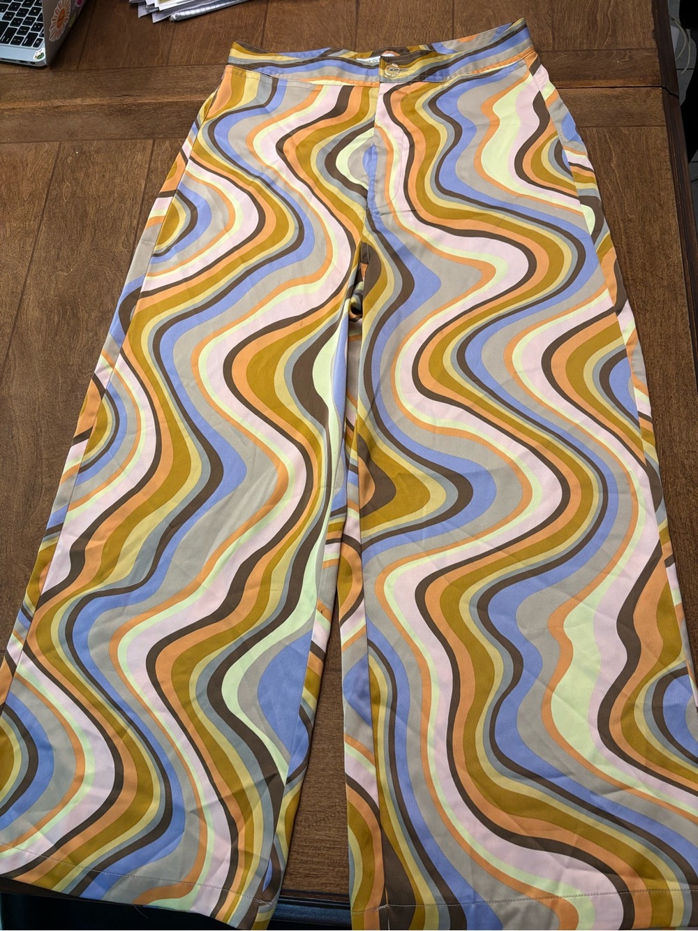 Urban Outfitters Retro Swirl Wide-Leg Pants in Blue, Green, Brown, Pink, Tan